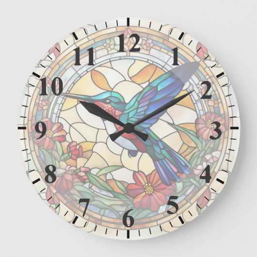 ルビー喉ハミングバードステンドグラス鳥時計 ラージ壁時計 (正面)