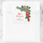 ルビー色のカーディナルと松ぼっくりブーケのクリスマス スクエアシール (バッグ)