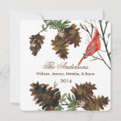 ルビー色のカーディナルと松ぼっくり ホリデーカード (裏面)