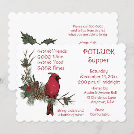 ルビー色のカーディナルリースのクリスマス ポットラック・サッパー 招待状