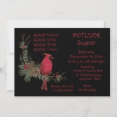 ルビー色のカーディナルリースのクリスマス ポットラック・サパー 招待状 (正面)