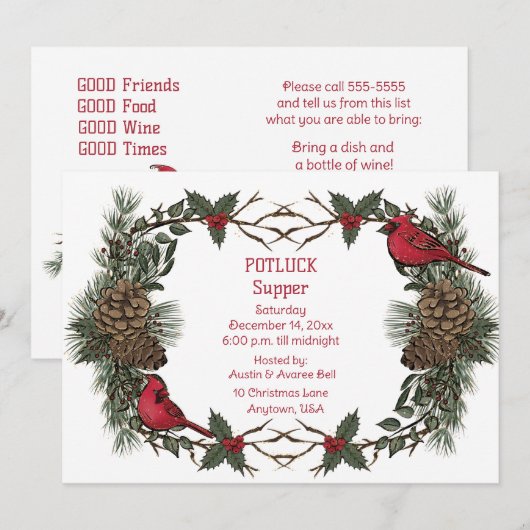ルビー色のカーディナルリース クリスマスパーティの食事会のお誘い 招待状 (正面/裏面)