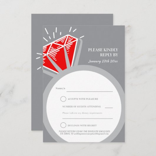 ルビー色のリングや輪第40記念日の結婚式の応答カード 出欠カード (正面/裏面)