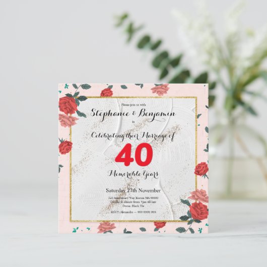 ルビー40周年結婚記念日カスタムタイポグラフィ 招待状 (スタンド正面)