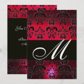 ルビー ゴールドのワインレッド バーガンディ ブラック ダマスク モノグラム 招待状 (正面/裏面)