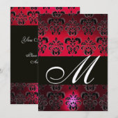 ルビー ゴールドのワインレッド ブラック ダマスク モノグラム 招待状 (正面/裏面)