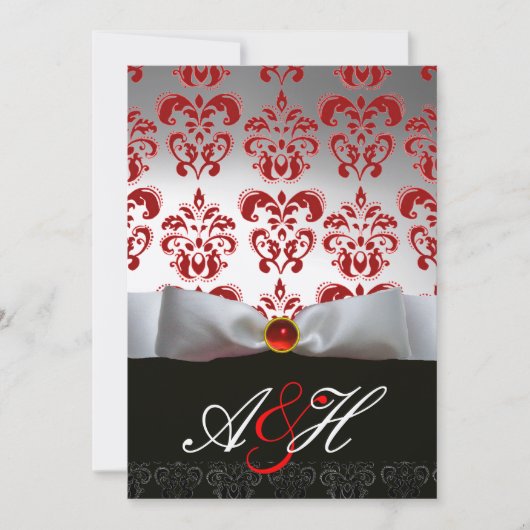 ルビー レッド シルバー リボン & ブラック ダマスク モノグラム 招待状 (正面)