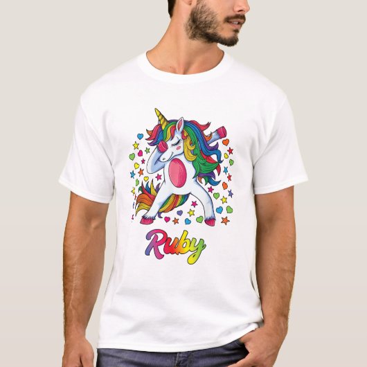 ルビー 名入れ ユニコーン 女の子 ギフト Tシャツ (正面)