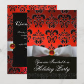 ルビー 白いリボン 赤と黒のダマスク柄 ホリデーパーティー 招待状 (正面/裏面)