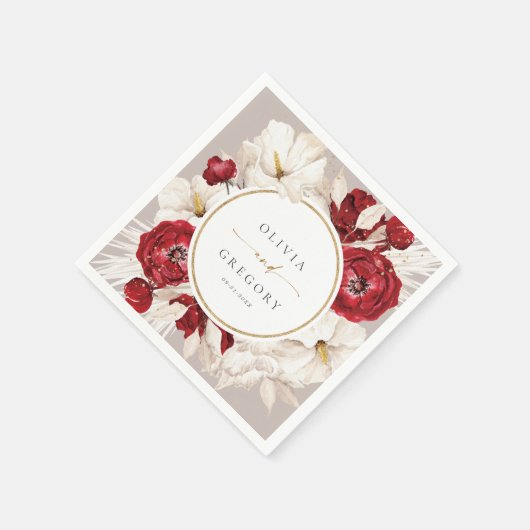 ルビ赤と白結婚フローラ スタンダードカクテルナプキン (角)
