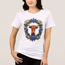 ルピナスの花輪に囲まれたミア・ザ・ロングホーン トライブレンドTシャツ