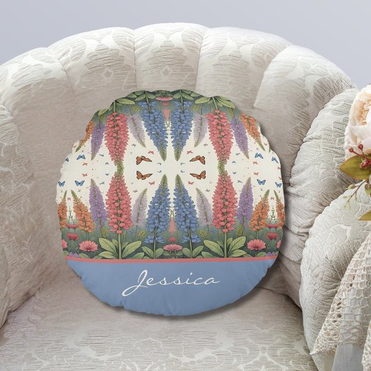 ルピネの花と蝶ヴィンテージモノグラム ラウンドクッション