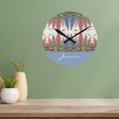 ルピネの花と蝶ヴィンテージモノグラム ラウンド壁時計