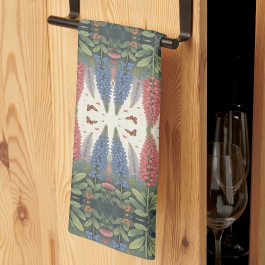 ルピネの花と蝶ヴィンテージ模様 キッチンタオル