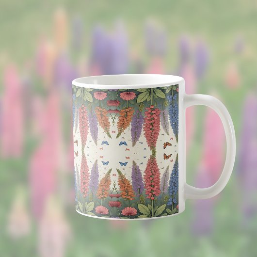 ルピネの花と蝶ヴィンテージ模様 コーヒーマグカップ