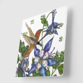 ルフースハミングバード&オダマキ(植物) スクエア壁時計 (傾斜)