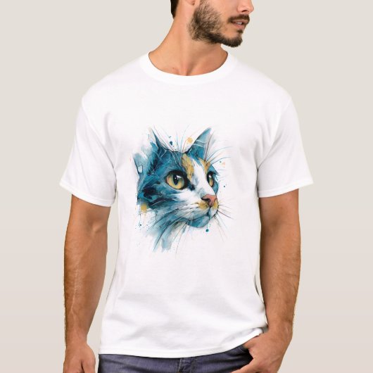 ルミナスブルー水彩猫の顔モダンアート Tシャツ (正面)
