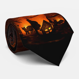 ルミナリーとこうもりの登場するハロウィン黒猫 ネクタイ
