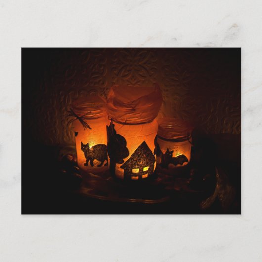 ルミナリーとこうもりの登場するハロウィン黒猫 ポストカード (正面)