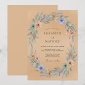 ルリ色のくすんだピーチのリースの結婚式 招待状 (正面/裏面)