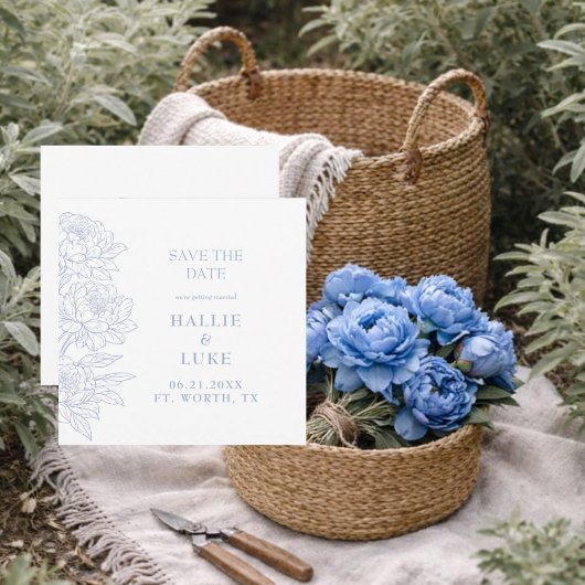 ルリ色の芍薬の結婚式スクエア・セーブ・ザ・デート 招待状