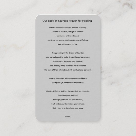 ルルド祈りの言葉の女性はヒーリングカード 名刺 (裏面)
