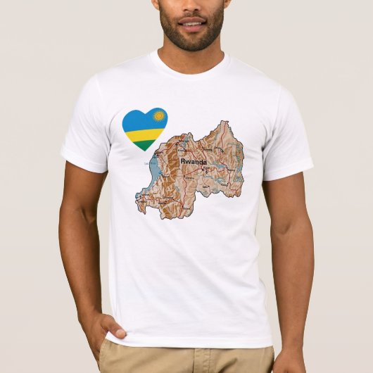 ルワンダの旗のハートおよび地図のTシャツ Tシャツ (正面)