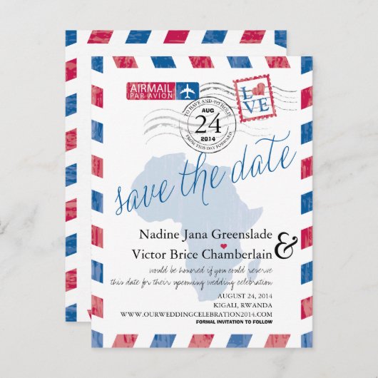 ルワンダ南アフリカ航空便の結婚式は日付を保存 案内ポストカード (正面/裏面)