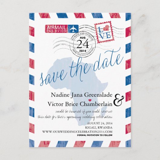 ルワンダ南アフリカ航空便の結婚式は日付を保存 案内ポストカード (正面)