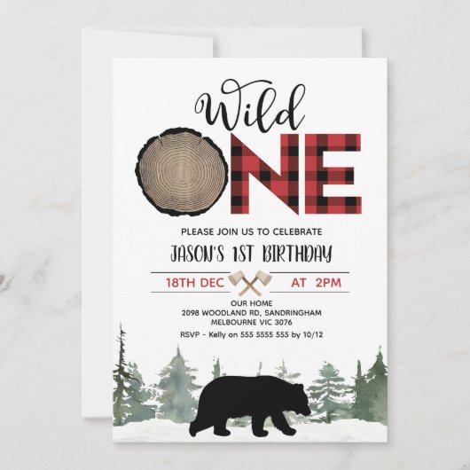 ルンバージャックレッドバッファロープリドベア1st誕生日 招待状 (正面)