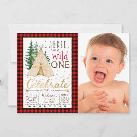 ルンバージャックワイルドワントライバルティーピーファースト誕生日 招待状 (正面)