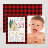 ルンバージャックワイルドワントライバルティーピーファースト誕生日 招待状 (正面/裏面)