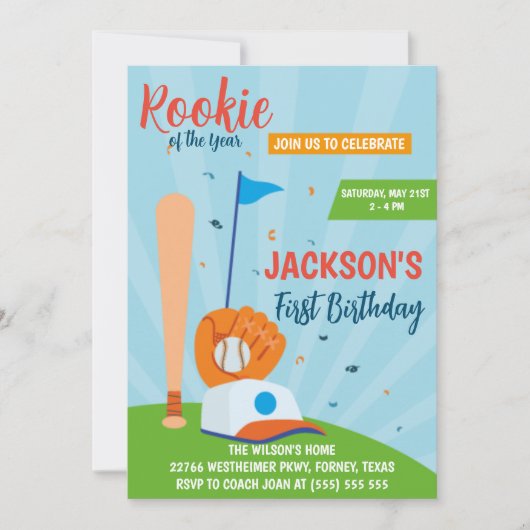 ルーキーオブザイヤー 野球 1歳の誕生日パーティー 招待状 (正面)