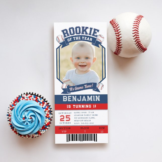 ルーキーベースボールチケットレッドブルーボーイ1st誕生日 (rookie of the year 1st birthday invite boy photo template red blue white milestone invitation)