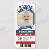 ルーキー野球チケット 赤 青 少年 1歳の誕生日 招待状 (正面)