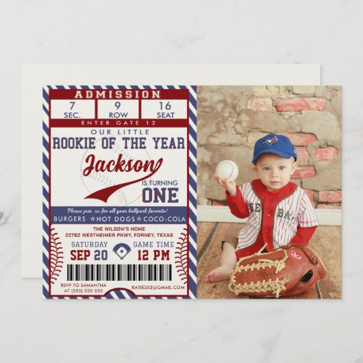 ルーキー・オブ・ザ・イヤー誕生日野球チケット写真 招待状 (正面/裏面)