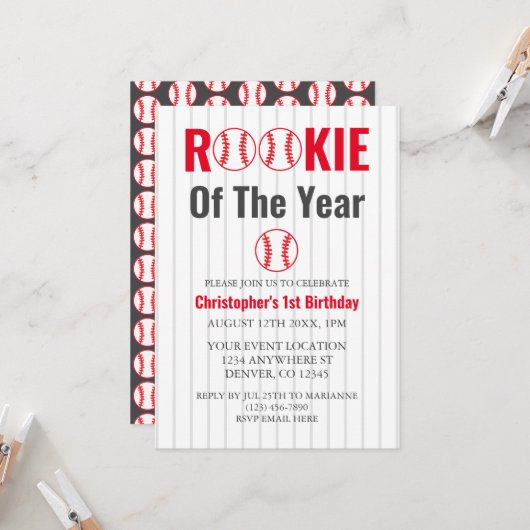 ルーキー・オブ・ザ・イヤー野球1回目の誕生日 招待状 (正面/裏面インサイチュ)