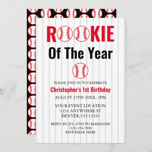 ルーキー・オブ・ザ・イヤー野球1回目の誕生日 招待状 (正面/裏面)