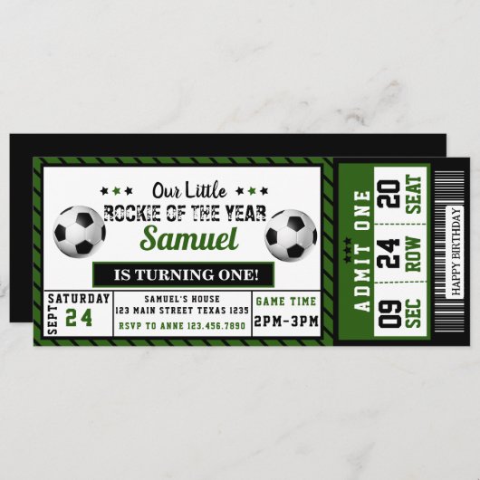 ルーキー・オブ・ザ・イヤー1歳の誕生日サッカーチケット 招待状 (正面/裏面)