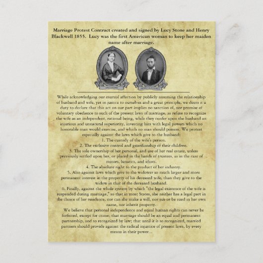 ルーシー・ストーン・ヘンリー・ブラックウェル結婚契約 ポストカード (正面)