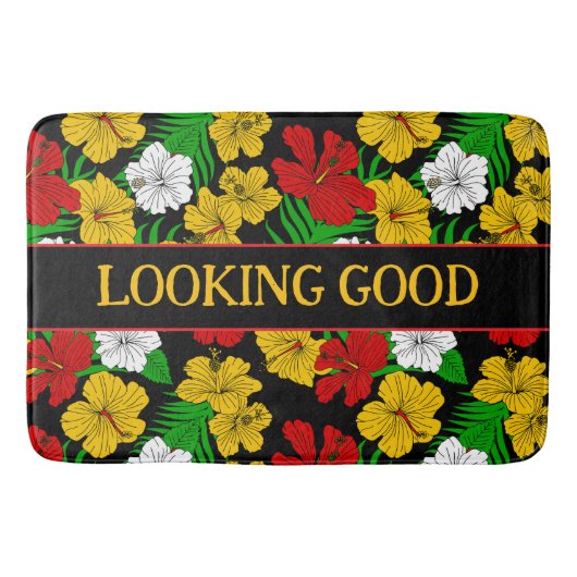 ルージンググッド引用文トロピカルフラワーブラック バスマット (正面)