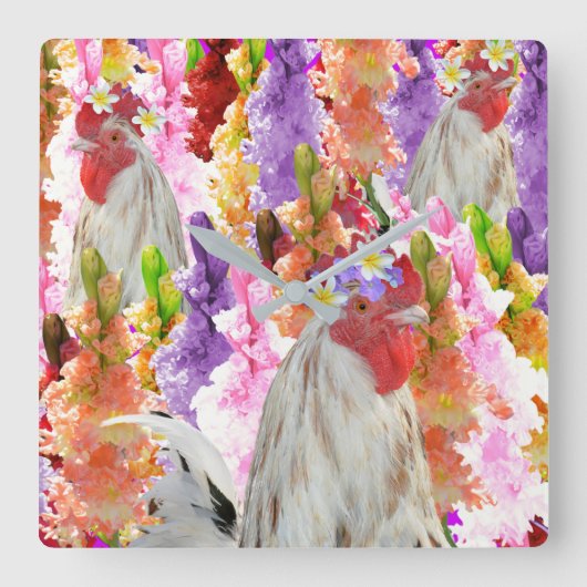 ルースターとホリホックの花 スクエア壁時計 (正面)