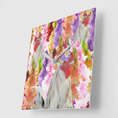 ルースターとホリホックの花 スクエア壁時計 (傾斜)