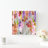 ルースターとホリホックの花 スクエア壁時計 (ホーム)