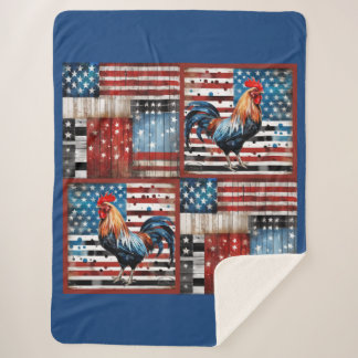 ルースターアメリカ国旗のフォークアートキルト シェルパブランケット