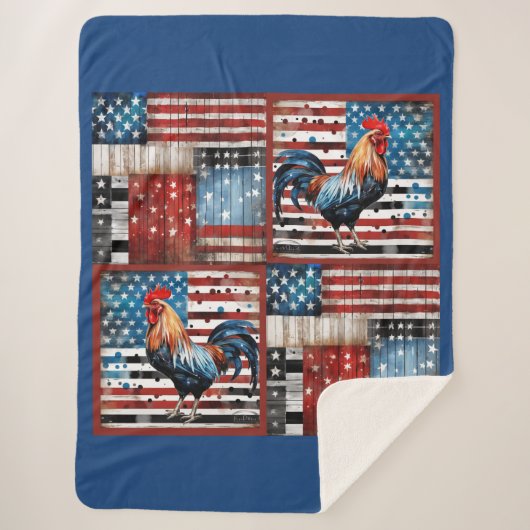 ルースターアメリカ国旗のフォークアートキルト シェルパブランケット (正面)