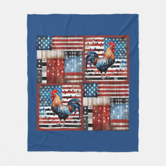 ルースターアメリカ国旗のフォークアートキルト フリースブランケット