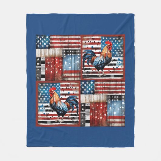 ルースターアメリカ国旗のフォークアートキルト フリースブランケット (正面)