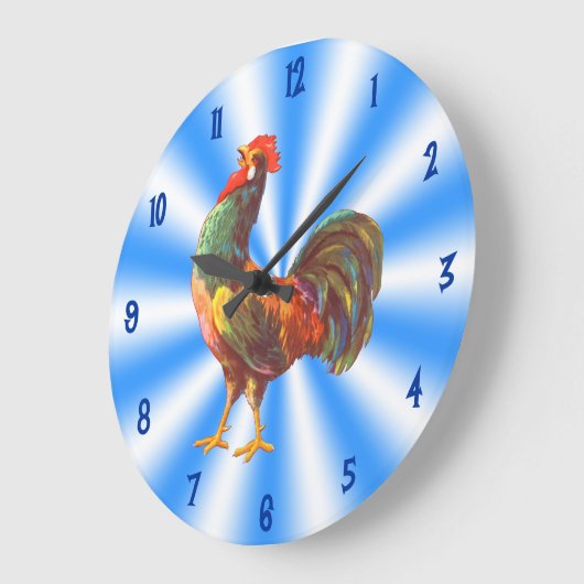 ルースターヴィンテージアートオンブルーホワイトキッチンクロック ラージ壁時計 (傾斜)