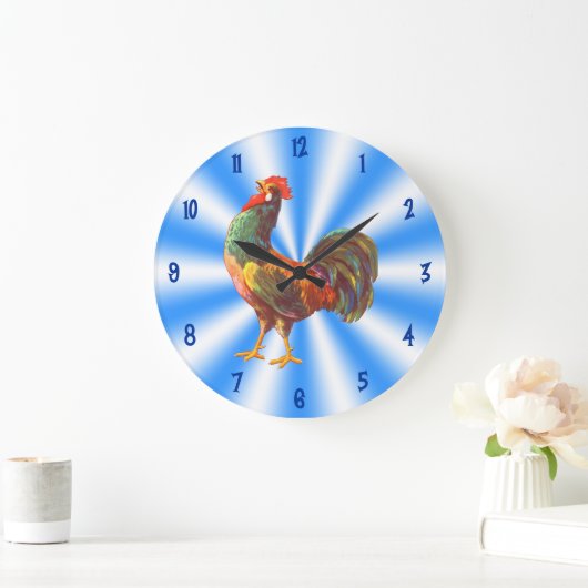 ルースターヴィンテージアートオンブルーホワイトキッチンクロック ラージ壁時計 (ホーム)